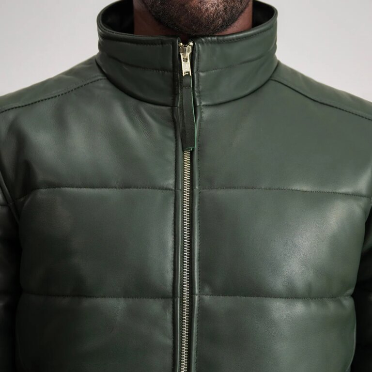 Mens Lucas Green Leather Puffer Bomber Jacket Close-Up-9-1733757849465